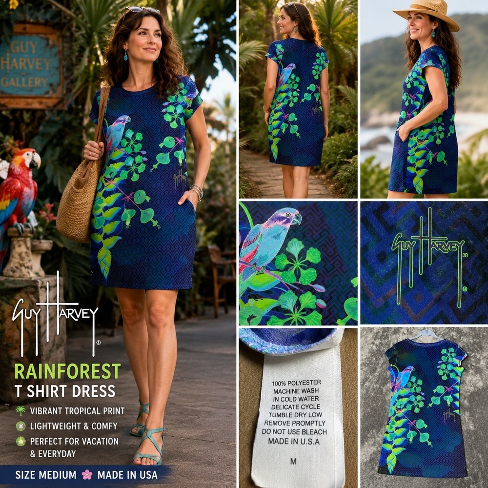 Guy Harvey Womens Blue Purple Parrot Tropical Print‎ Cap Sleeve Shift Dress Med